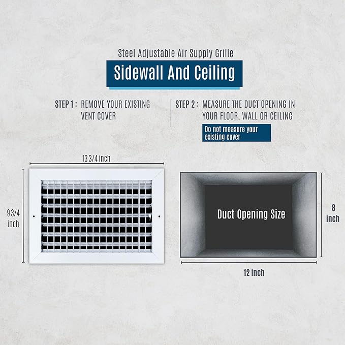 [2 Pack] Fits 12x8 Duct Opening Steel Adjustable Air Supply Grille by Handua | Register Vent Cover Grill for Sidewall and Ceiling | White | Outer Size: 13.75" X 9.75"