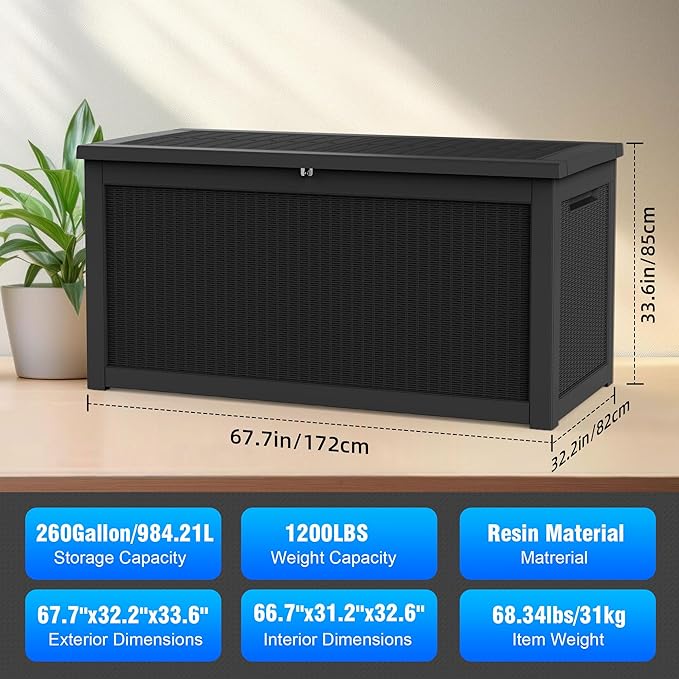 260 Gallon Outdoor Storage Box – Resin Deck Box with Lockable Lid, Waterproof Patio Furniture Storage for Tools, Garden & Yard Organization