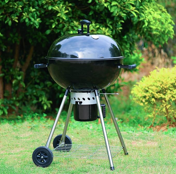 MFSTUDIO 22" Master Kettle Charcoal Grill, Premium Outdoor Barbecue Grill with Thermometers, Porcelain-Enameled Lid & Ash Catcher, Black