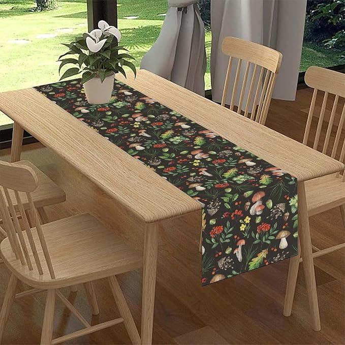Mushroom Table Runner, Rustic Farmhouse Forest Plants Botanical Wild Floral Coffee Table Center Decor for Home Kitchen Dining Patio Holiday Party Indoor Outdoor Table Decorations, 13"x90" Inch