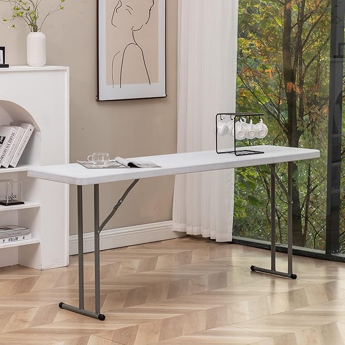 BTEXPERT 6-Foot - 72" Long White Granite Plastic Folding Seminar Training Table Portable 18" Wide Narrow, 29" High, Events Indoor Outdoor Lightweight Set of 2