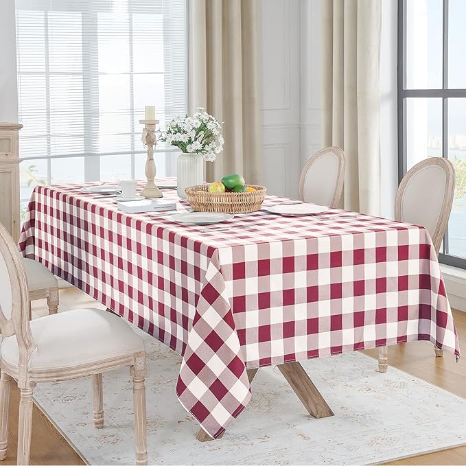 Softalker Gingham Checkered Tablecloth Rectangle - Outdoor Waterproof Buffalo Plaid Table Cloth, Stain Resistant Washable Table Cover for Picnic, Camping, Dining - Burgundy and White, 60 x 120 Inch