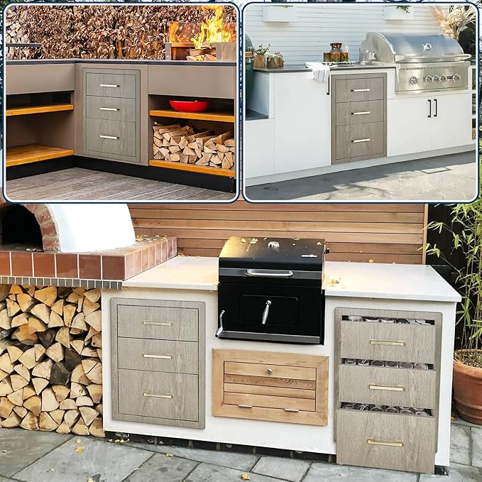Stainless Steel Outdoor Kitchen Triple Drawers 14" W x 20.3" D x 23" H - Heavy Duty with Handles, Weather-Resistant Flush Mount for BBQ Island, Patio Grill & Outdoor Cooking Space
