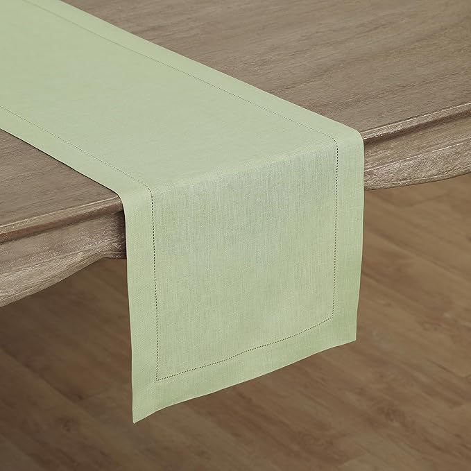Solino Home Linen Table Runner 36 Inches - 100% Pure Linen Sage Green Table Runner 14 x 36 Inch Ideal for Dresser and Coffee Tables - Winter, Spring, Easter, St Patricks Day - Classic Hemstitch