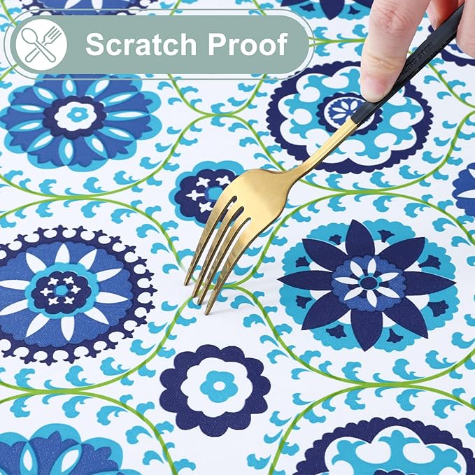misaya Rectangle Waterproof Vinyl Table Cloth, Wipeable Tablecloth with Flannel Backing, Plastic Table Cover for Dinner, Picnic, Indoor and Outdoor (Navy Mandala, 60" x 84")
