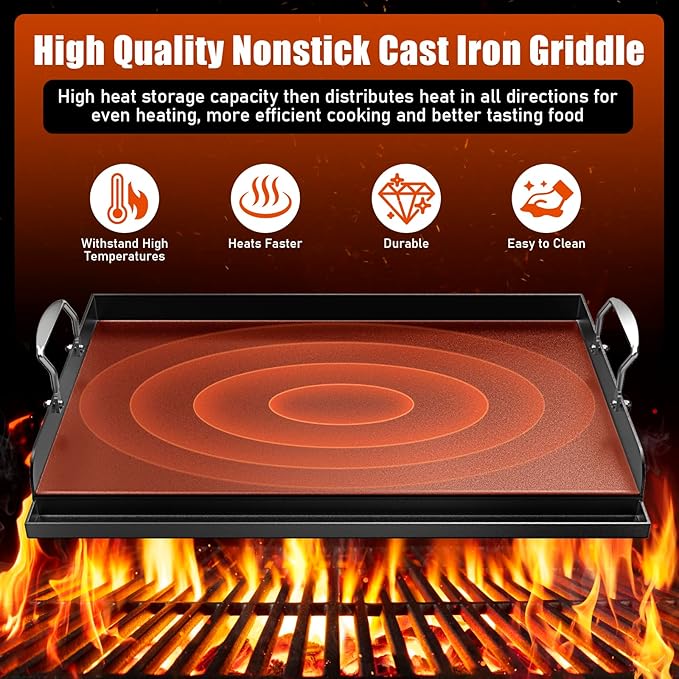Uniflasy Nonstick Griddle for Gas Grill, Cast Iron Griddle for Outdoor Gas & Charcoal Grills, 25" x16" Nonstick Coating FlatTop Insert Cooking Pan for Weber Charbroil Camp Chef Grill