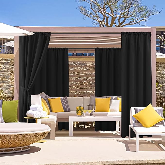 HolidayIdeas Outdoor Patio Curtains Waterproof with Rod Pocket 6 Panels 54x120 Inch- Weatherproof Balcony Outdoor Curtains for Apartments,Porch, Gazebo, Pergola, Sliding Glass Door, Black