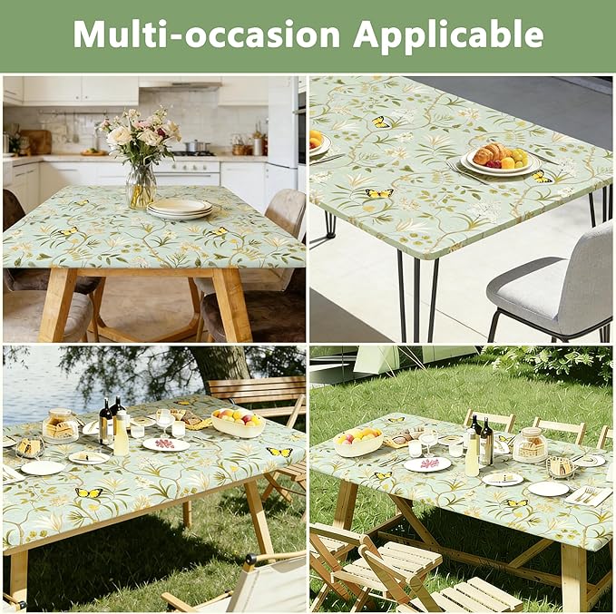 Rectangle Picnic Table Cloth, Elastic Waterproof Fitted Vinyl Tablecloths for 8 Foot Tables, Wipeable Flannel Backed Table Covers for Dining, Camping, Outdoor(Leaves,30"x96")