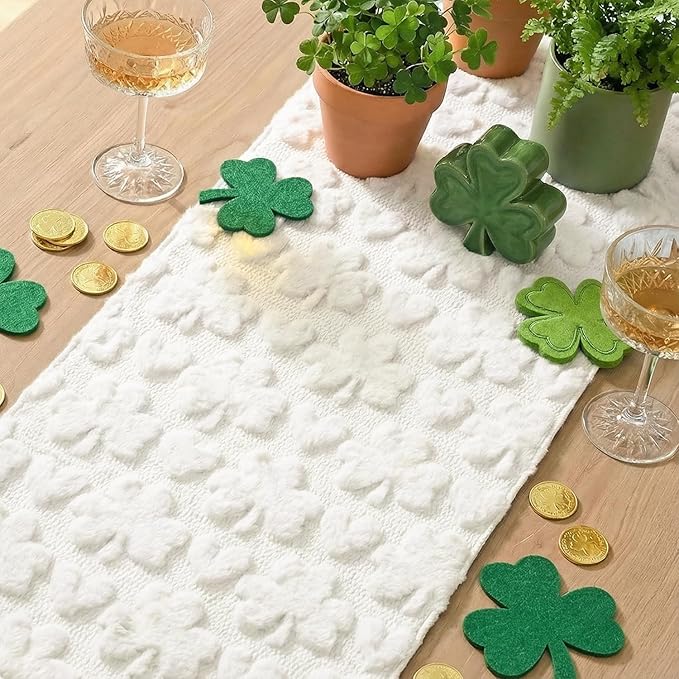 Artoid Mode White Soft Plush Faux Fur Jacquard Heart Clover St. Patrick's Day Table Runner, Seasonal Kitchen Dining Table Decoration for Home Party Decor 13x72 Inch