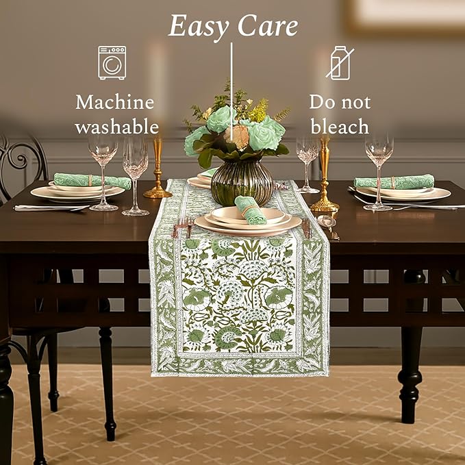 CPC Cotton Table Runner 16x72 Inch Block Printed Long Fall Table Runner for Dining Table, Card Table, Coffee Table, Wedding, Farmhouse & Outdoor Barbeque-Agate Green