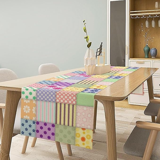 Patchwork Table Runner, Vintage Colorful Floral Plaid Tablecloth Table Runner for Indoors Outdoor Dining Kitchen Home Party 13x108in