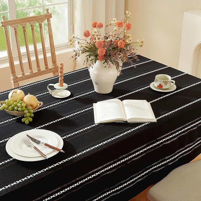 Chassic 60 x 104 inches Farmhouse Style Linen tablecloths, Wrinkle Resistant Washable Dining Room Table Cloths for 6 Foot Rectangle Tables - Hemstitch Black