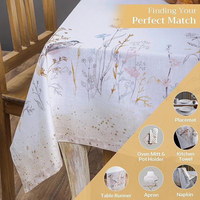 Maison d' Hermine Table Cloth Rectangle Table 100% Cotton 60 x 120 Inches Tablecloth Reusable for Dining Room, Farmhouse, Home, Party, Festive & Wedding Spring Summer - Meadow Florals - Beige