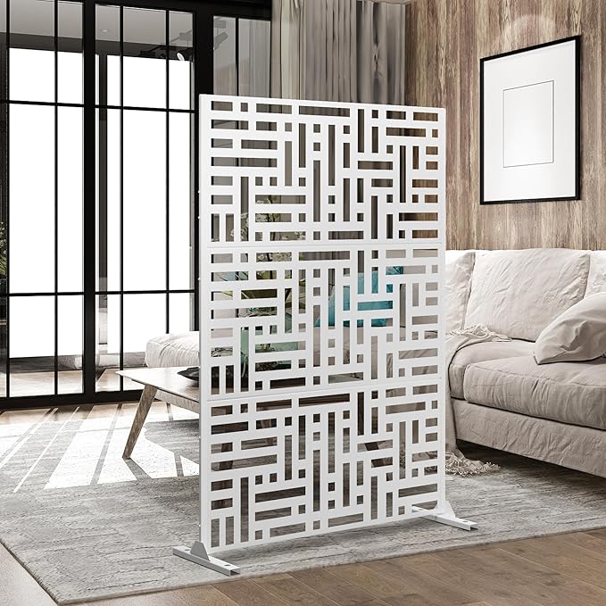 Metal Privacy Screen Outdoor 72" H×47" W,Freestanding Decorative Privacy Screen for Balcony Yard&Garden,Privacy Fence-White&Street