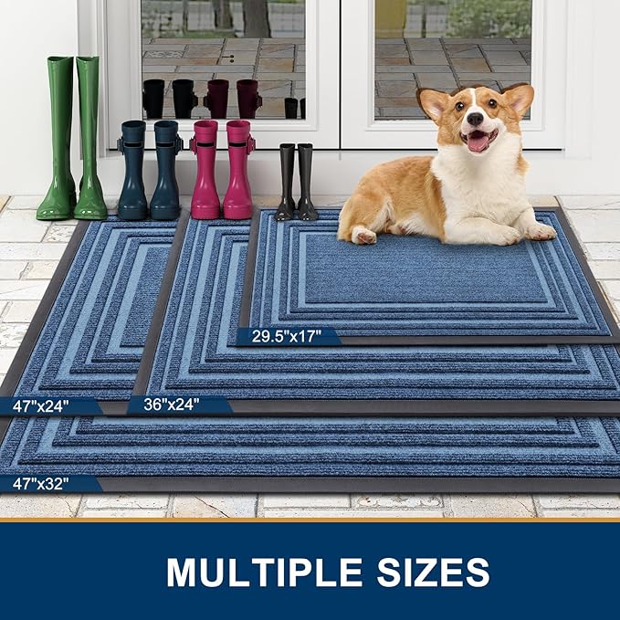 Buganda Front Door Mat Indoor Outdoor Entrance, Non-Slip Natural Rubber Doormats, Easy Clean, Low Profile, Dirt Trapper Entryway Floor Mats for Outside, Garages and Patios, 36x24, Light Blue