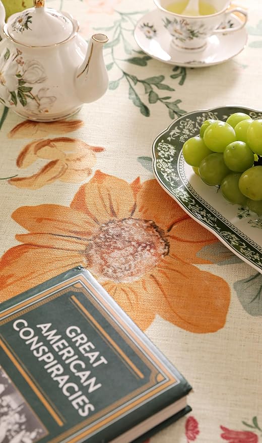 French Linen Small Tablecloth for Round Table,Orange Floral Pattern Wrinkle Resistant Tablecloths,Decor Table Cover for Kitchen,Dining,Party,Thanksgiving,Christmas,Diameter 55"-Milch