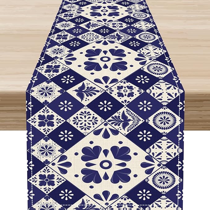 Mexican Table Runner, Blue Floral Birds Mexico Talavera Ceramic Dia De Los Muertos Coffee Table Center Decor for Family Home Kitchen and Dining Farmhouse Indoor Outdoor Table Decorations, 13" X 108"