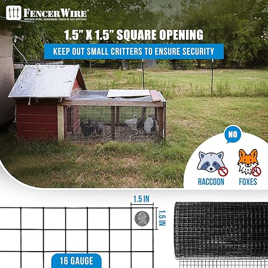 Fencer Wire 16 Gauge Hardware Cloth, Black Vinyl Coated Welded Wire Mesh, Chicken Coop Wire Fence, 1.5 inch x 1.5 inch Grid (7 ft. x 100 ft.)