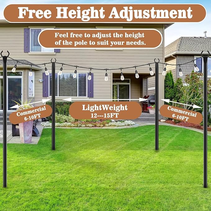 10 Pack String Light Poles,Metal Poles for Hanging Outdoor Light Strings,7 Pack 10 FT Light Poles Stand for Outside Garden,Patio,Wedding,Backyard,Deck,Party