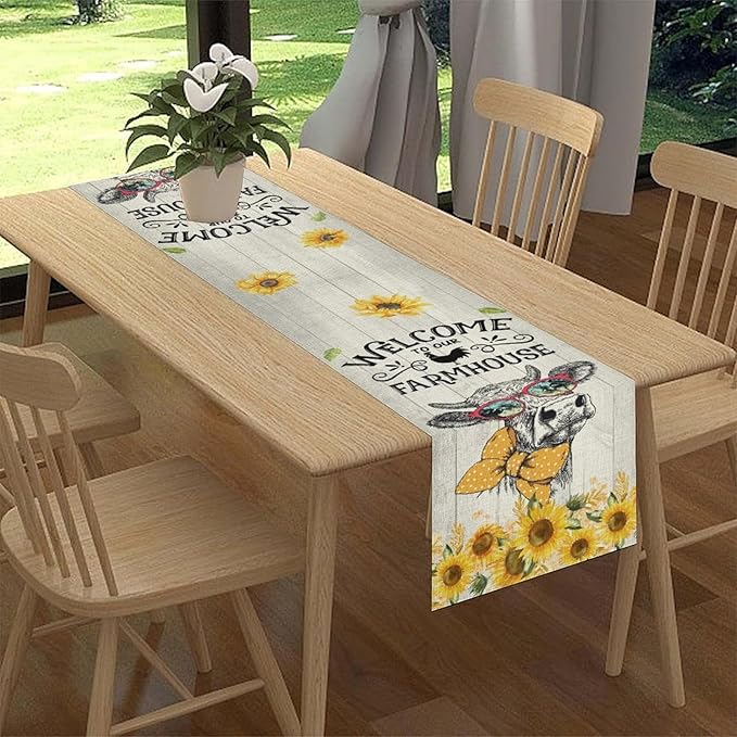 Farmhouse Cow Table Runner, Rustic Yellow Sunflower Floral Buffalo Animals Spring Coffee Farm Table Center Decor for Family Kitchen and Living Room Country Holiday Party Table Decorations, 13" X 108"