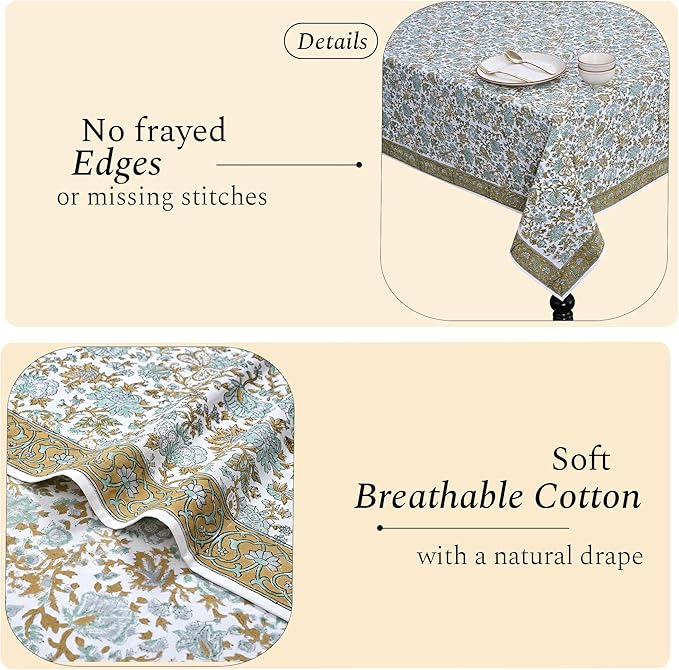 CPC Tablecloth 100% Cotton 60x60 Inch Indian Block Print Square Table Cover, Table Cloth for Weddings, Spring/Summer, Barbeque - Harvest Bloom