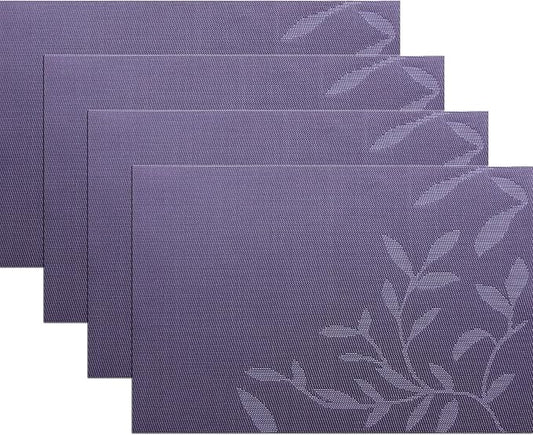 Leaf Placemats Set of 4, Non-Slip Heat-Resistant 18" x 12" Vinyl Washable Placemats for Kitchen Indoor Outdoor Party Birthdays Weddings Decoration (Purple)