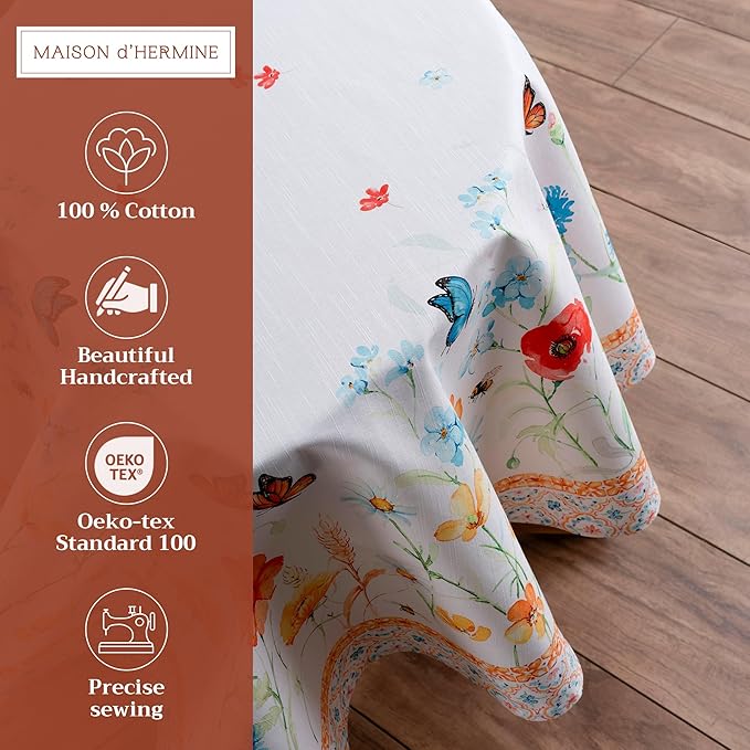 Maison d' Hermine Table Cloth Round Table 100% Cotton 63 Inches Tablecloth Reusable Decorative Everyday Use for Dining Room, Farmhouse, Home, Party, Festive & Wedding Spring Summer - Summer Whisper