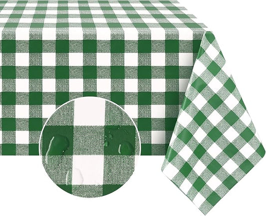 Romanstile Rectangle Vinyl Tablecloth, 100% Waterproof Buffalo Gingham Plastic Table Cloth, Heavy Duty Wipeable Checkered Table Covers for Outdoor, Camping, Picnic, Patio - 60 x 102, Green and White