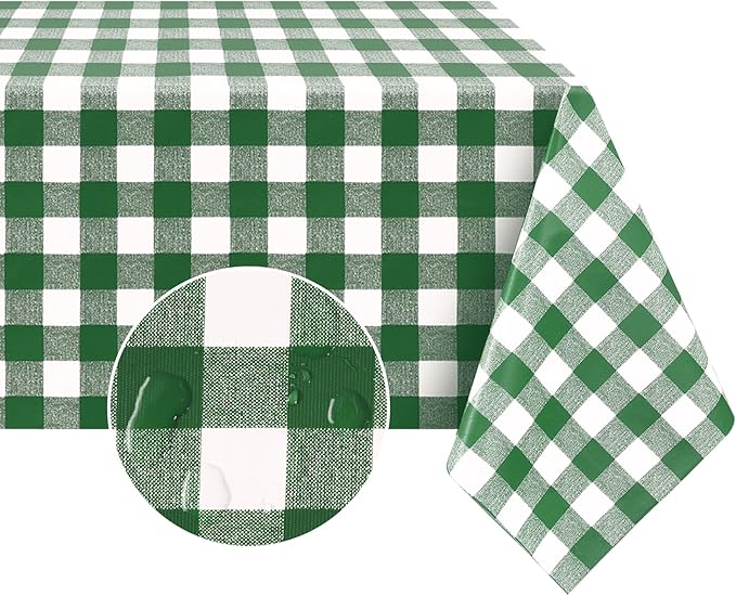 Romanstile Square Vinyl Tablecloth, 100% Waterproof Buffalo Gingham Plastic Table Cloth, Heavy Duty Wipeable Checkered Table Covers for Outdoor, Camping, Picnic, Patio - 60 x 60, Green and White