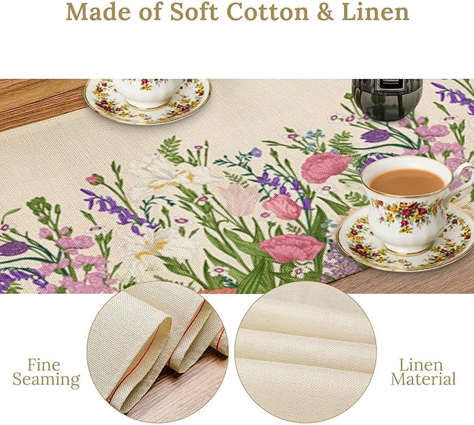Floral Table Runner,Watercolor Spring Summer Seasons Pink Purple Flowers Table Decoration for Wedding Holiday Indoor Outdoor Home Party 13x60in