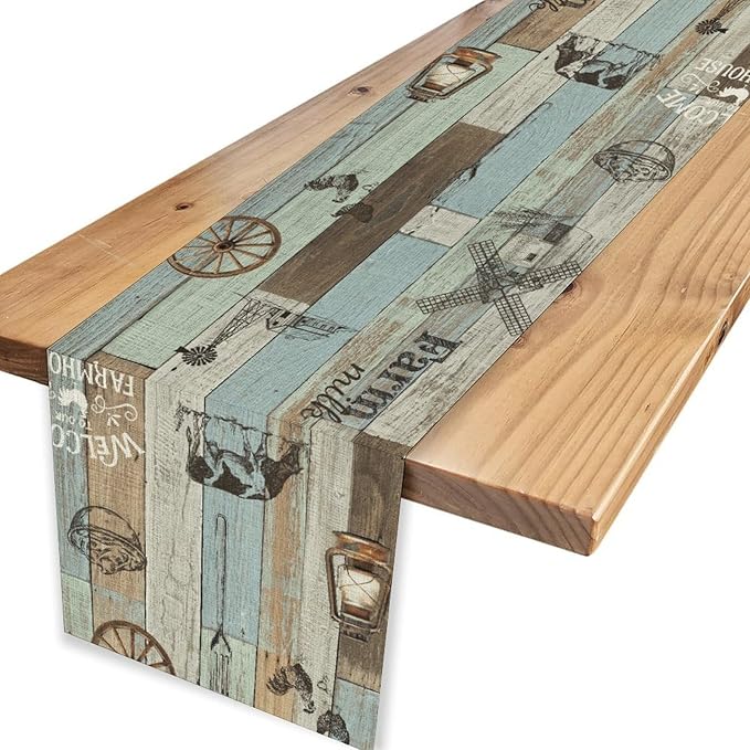 Farmhouse Cow Table Runner, Rustic Blue Wooden Animals Rooster Chicken Summer Spring Coffee Table Center Decor for Home Kitchen Dining Patio Holiday Party Country Outdoor Table Decorations, 13"x72"