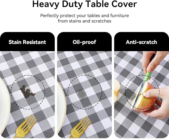 Romanstile Square Vinyl Tablecloth, 100% Waterproof Buffalo Gingham Plastic Table Cloth, Heavy Duty Wipeable Checkered Table Covers for Outdoor, Camping, Picnic, Patio - 54 x 54, Grey and White
