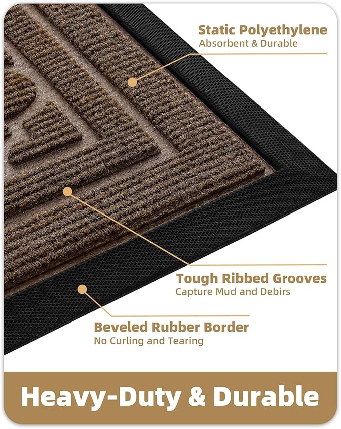 Color&Geometry Large Front Door Mat Outside Entrance, Heavy Duty Non Slip Low Profile Doormat for Entryway, Trap Dirt and Moisture Welcome Mats All-Weather, Easy Clean, Patio, Garage, 36"x60" Brown