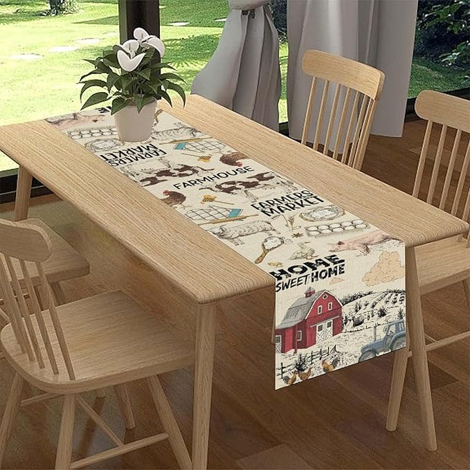 Farmhouse Rooster Table Runner, Rustic Cow Chicken Pig House Animals Coffee Table Center Decor for Family Kitchen Dining Room and Living Room Outdoor Country Holiday Party Table Decorations, 13"x108"
