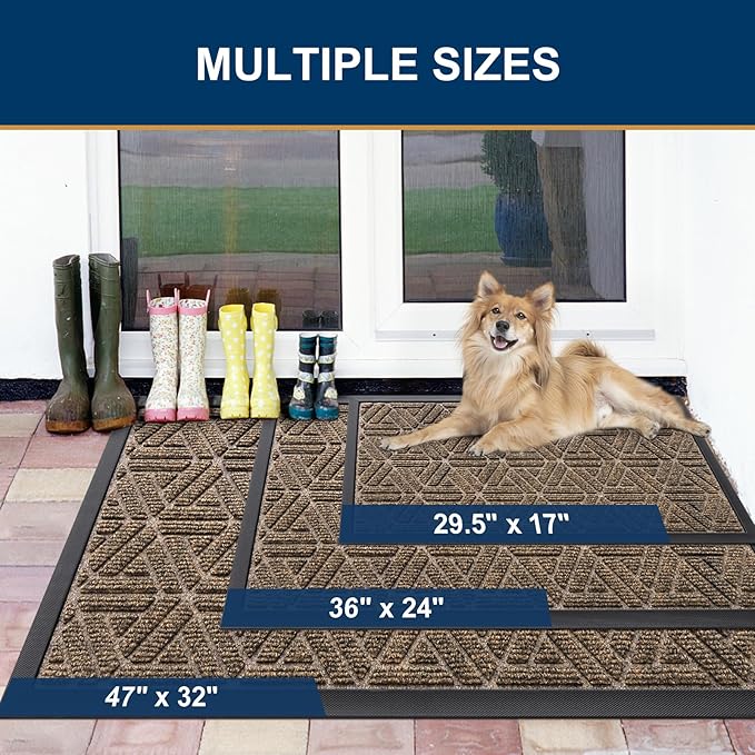 Smiry Front Door Mat Outside Entrance, Heavy Duty Sturdy Natural Rubber Doormat, Trap Dirt and Moisture, Easy Clean Low Profile Mats for Indoor Outdoor Entry, Grid Geometric (36x24, Brown)