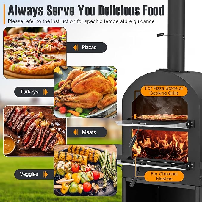 Giantex Pizza Oven Outdoor - Wood Fired Pizza Oven with 2 Side Tables, Pizza Stone, Pizza Peel, Cover, Cooking Grids, Pizza Maker on Wheels for Outside Charcoal Grill Backyard Party Camping