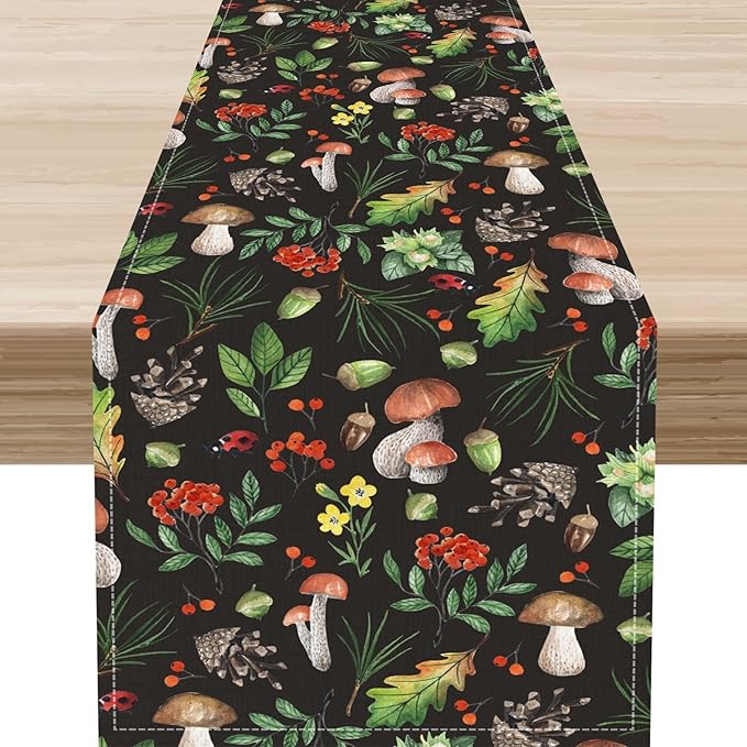 Mushroom Table Runner, Rustic Farmhouse Forest Plants Botanical Wild Floral Coffee Table Center Decor for Home Kitchen Dining Patio Holiday Party Indoor Outdoor Table Decorations, 13"x90" Inch