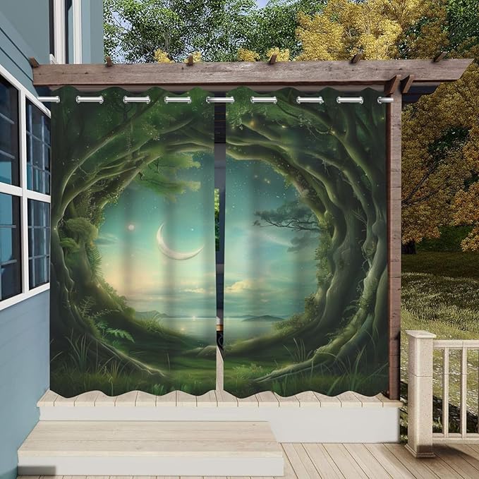 Forest Theme Waterproof Outdoor Curtains for Patio,Trees Moon Lake Pattern,Waterproof, Privacy, Grommet Curtains for Patio, Pergola, Porch, Deck, Lanai, Cabana,2 Panels,54 x 84 inch,Green
