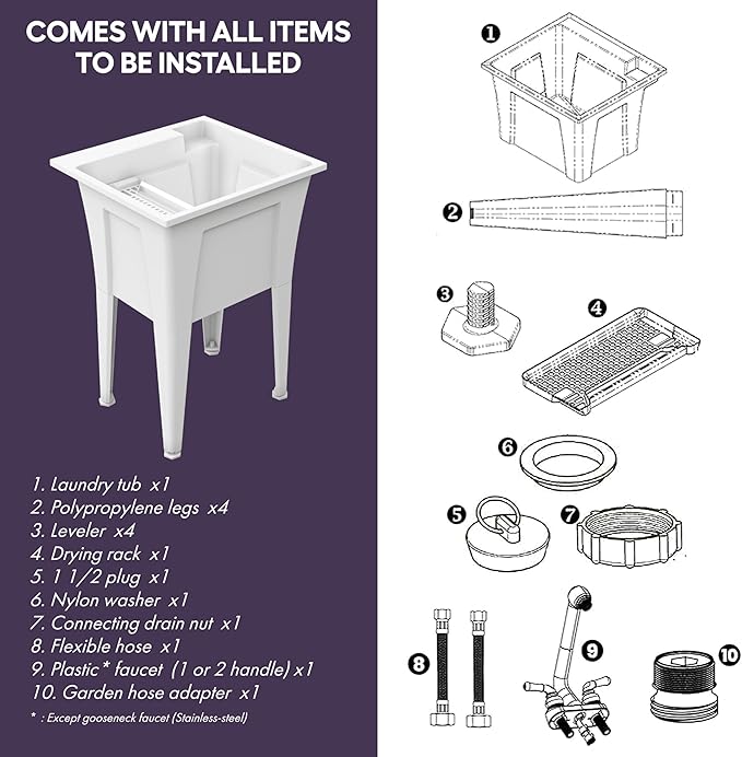 Freestanding Utility Sink with Two Handle Chrome Faucet - 24" Plastic Utility Sink for Garage, Laundry, Indoor and Oudoor Use - Laundry Tub Kit by Noah William Home - White (19.5 gal)