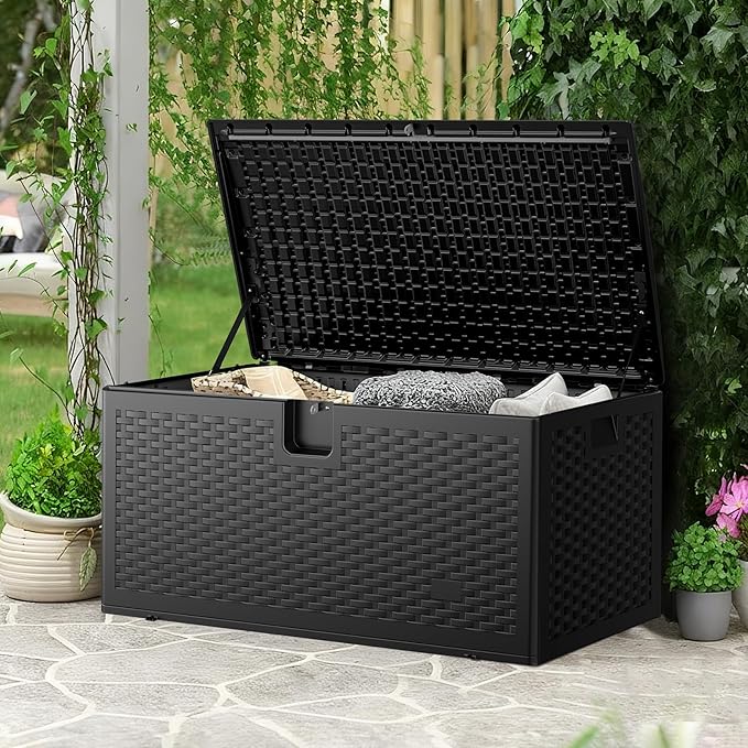 JEKO&JEKO 150 Gallon Outdoor Storage Box Set, 2-Pack 75 Gallon Plastic Deck Boxes with Lockable Lid for Patio, Garden Tools, Outdoor Cushions and Shoes, Black
