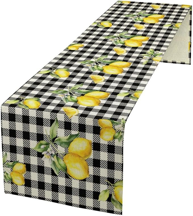 Fresh Lemon Table Runner, Yellow Lemon Black White Buffalo Check Plaid Table Runner for Farmhouse Coffee Home Kitchen Dining 13x90in