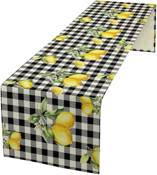 Fresh Lemon Table Runner, Yellow Lemon Black White Buffalo Check Plaid Table Runner for Farmhouse Coffee Home Kitchen Dining 13x90in