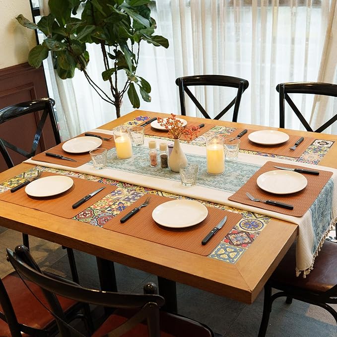 Faux Leather Placemats Set of 6 – 17x12 Inch Vinyl Table Mats, Heat Resistant, Non Slip, Wipeable & Washable, Easy to Clean Dining Table Decor for Kitchen & Dining Room（Cinnamon Brown）