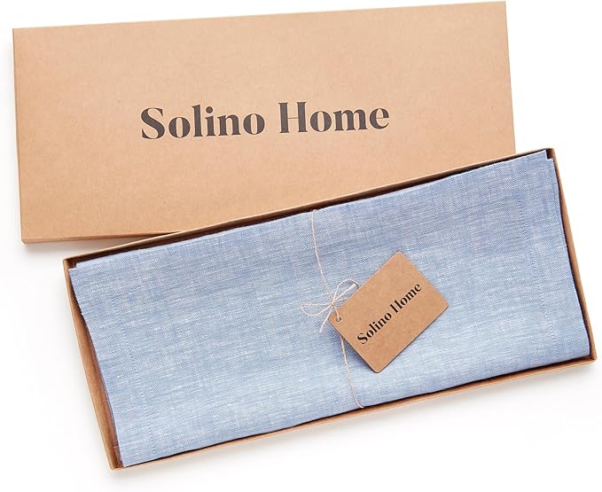 Solino Home Linen Table Runner 120 Inches Long - Athena, 100% Pure Linen Chambray Blue Table Runner 14 x 120 Inch for Dining, Winter, Spring, Easter