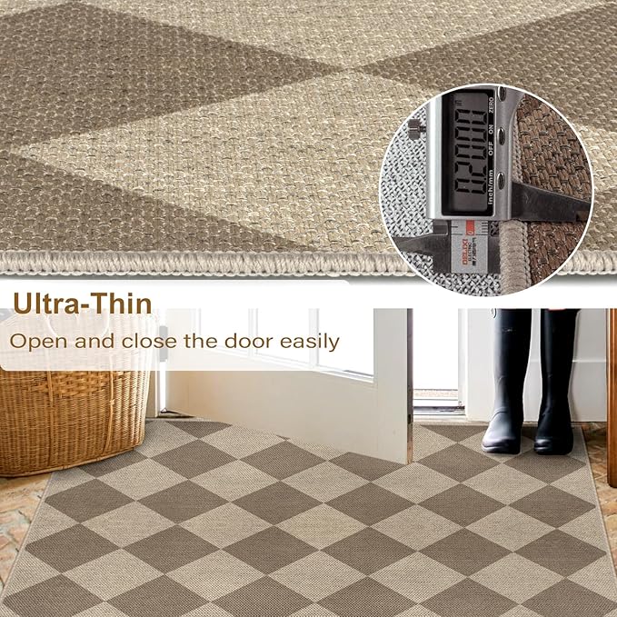 Easy Jute Checkered Entryway Rug, 2.6x4 Brown Modern Indoor Outdoor Doormat, Washable Non-Slip Neutral Kitchen Rug Farmhouse Diamond Throw Rugs for Entrance Bedroom Bathroom