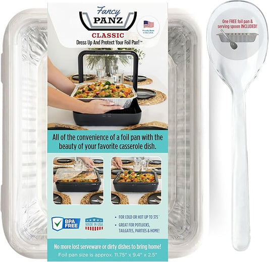 Fancy Panz - White Classic Aluminum Foil Pan Carrier with Lid - Elevated Food Serving Tray - Portable Casserole Carrier with Lid - Made in The USA Hosting Essentials
