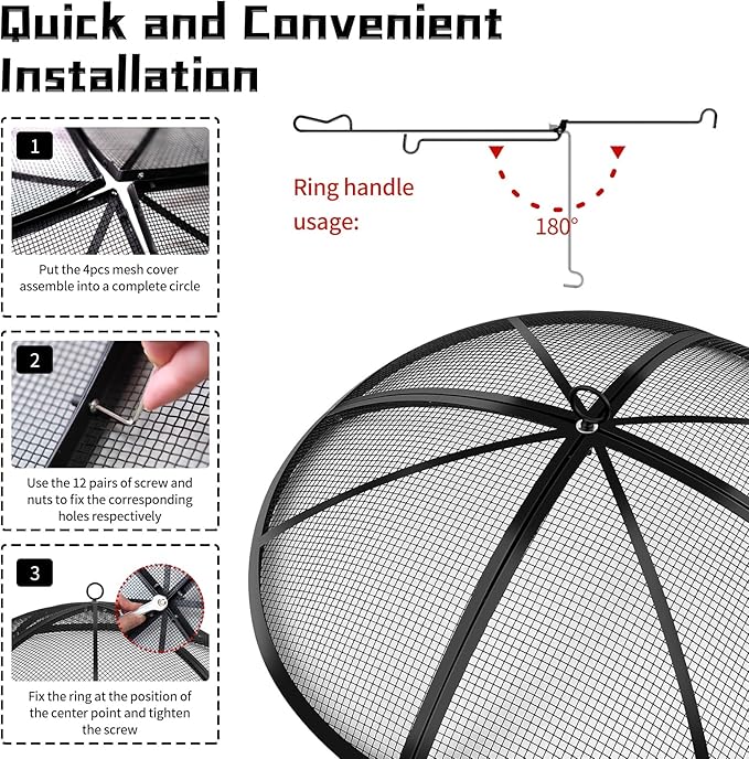 Fire Pit Spark Screen, Outdoor 40 Inch Round Fire Pit Screen with Foldable Hook and Marshmallow Sticks, Heavy Duty Steel Mesh Fire Pit Cover for Backyard, Beach, RV Camping