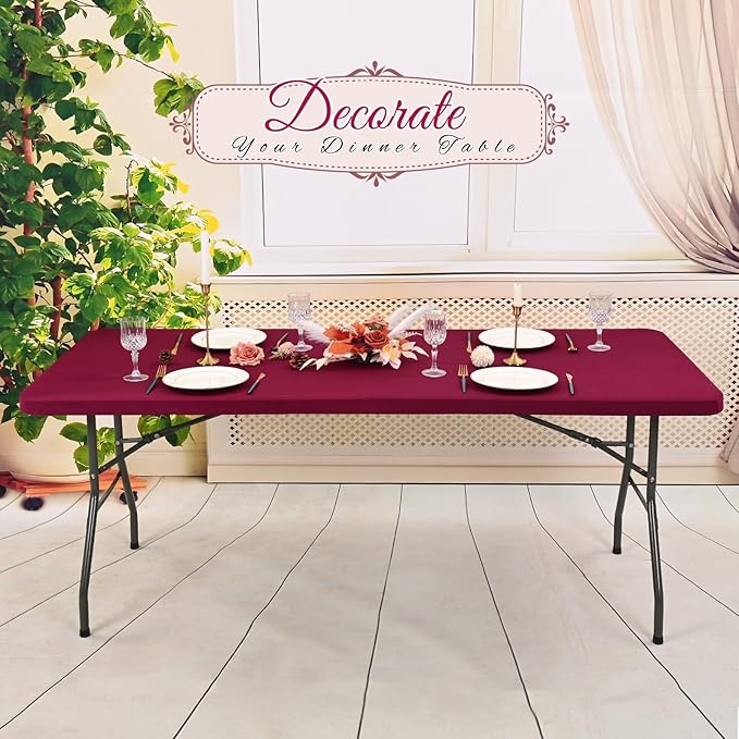 10 Pack Stretch Fabric Table Top Cap Cover, Wine Red Table Covers fits 8Ft Tables, Washable Elastic Universal Rectangle Tablecloth Protector for Indoor Outdoor Party Picnic Wedding (30" W x 96" L)