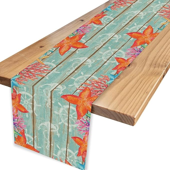 Blue Starfish Table Runner,Nautical Beach Wooden Ocean Table Runner Seasonal Holiday Home Kitchen Dining Table for Home Party Decor 13"x108"