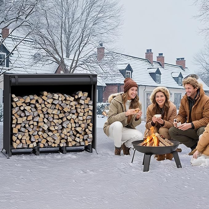 HOOBRO 4FT Firewood Rack with Cover, Outdoor Firewood Log Rack, Adjustable Log Holder with Waterproof Cover, Fireplace Wood Storage, Heavy Duty Wood Holder, for Indoor and Outdoor, Black BB01CH02